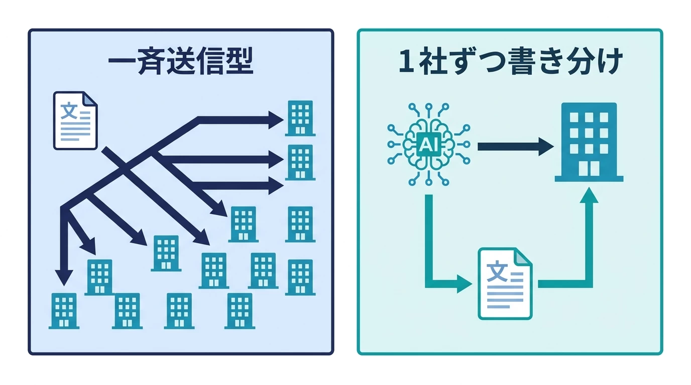 一斉送信型と1社ずつ書き分ける型の違いを示す図