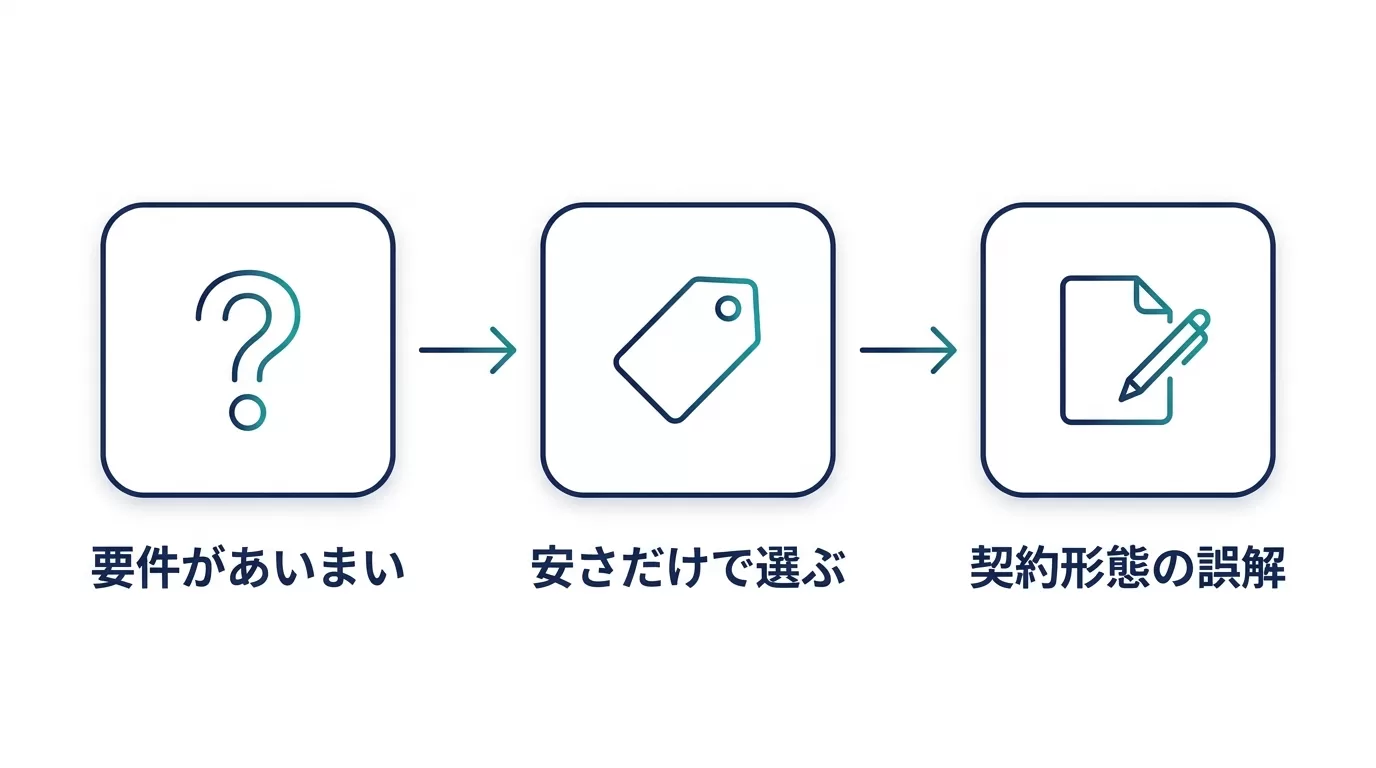 システム開発依頼でよくある3つの失敗を示す図解