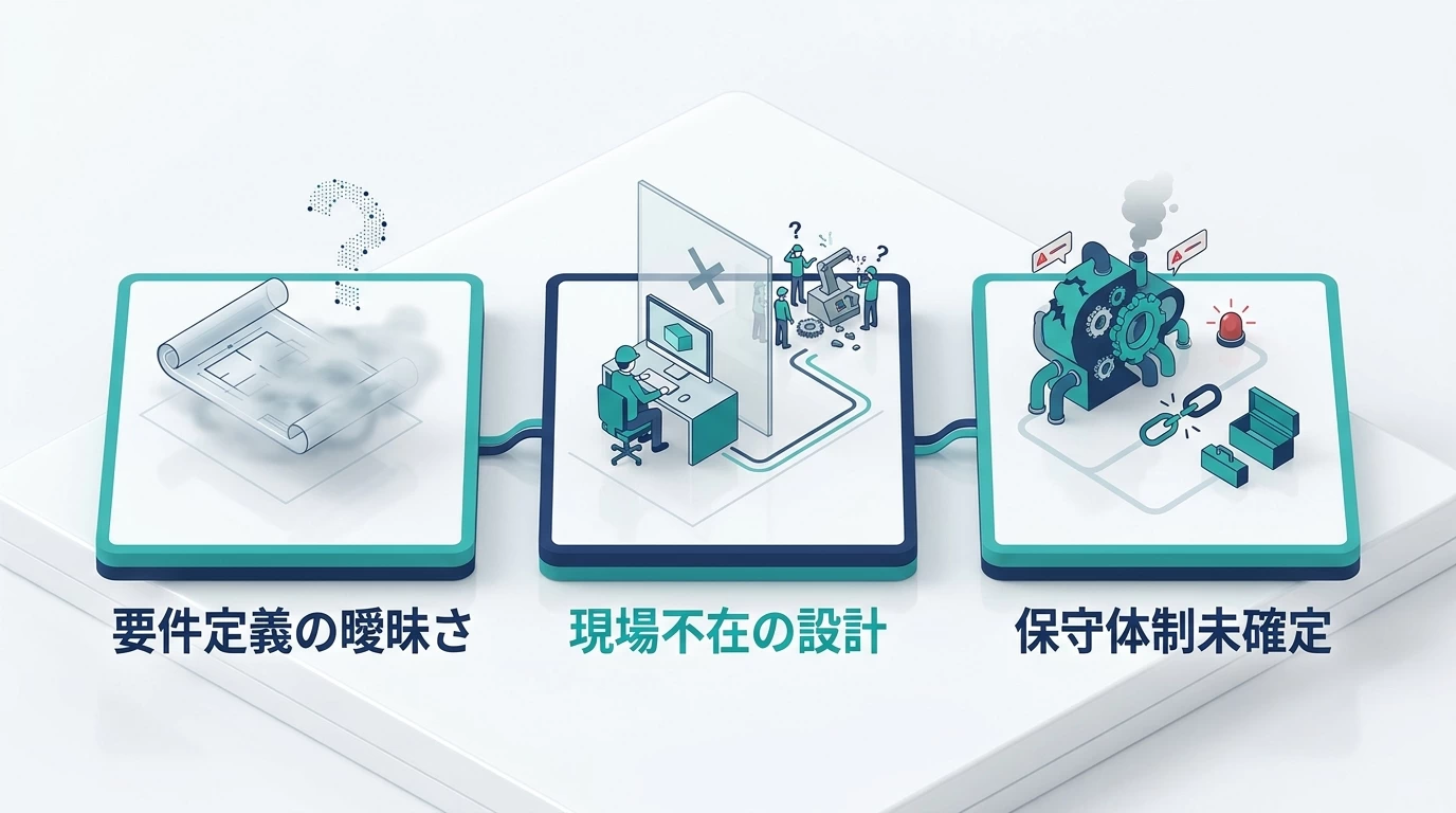 スクラッチ開発の外注で失敗する3つの原因を示す図解
