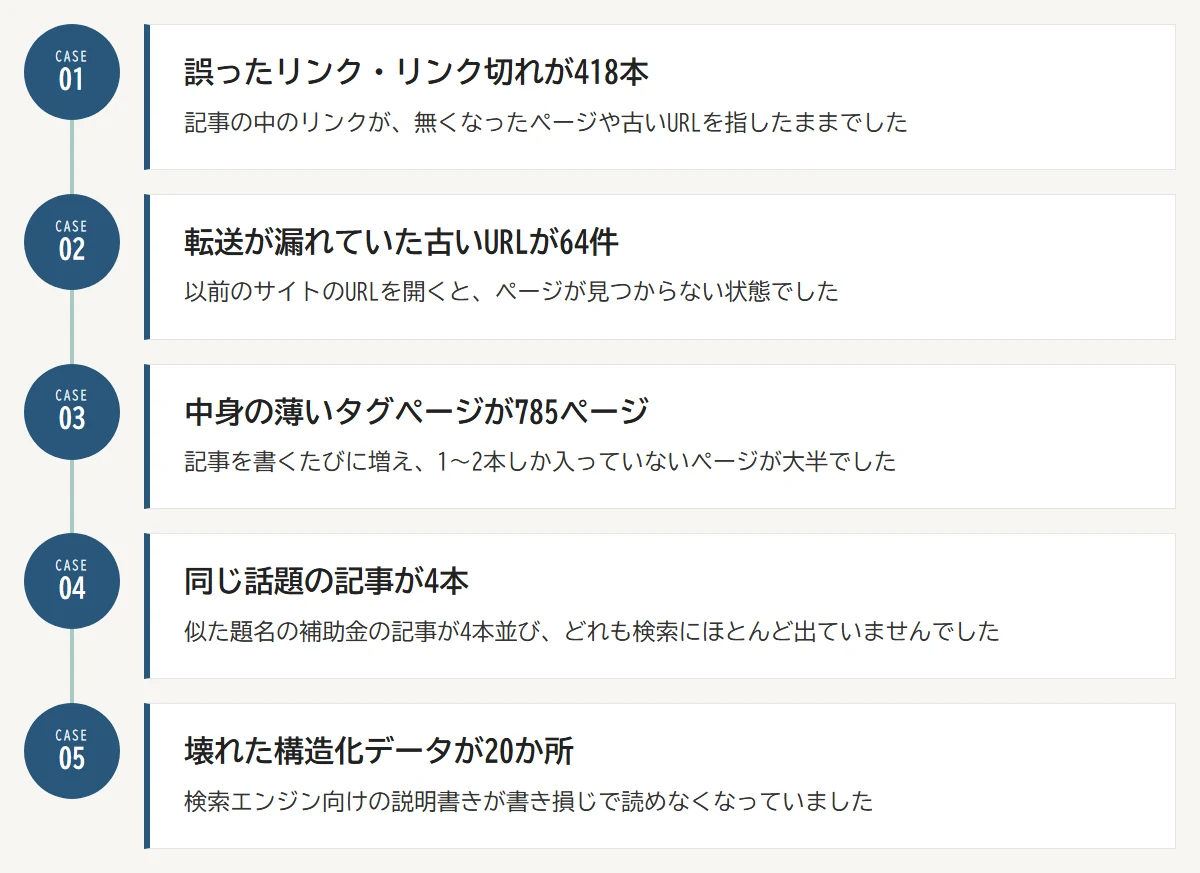 自社サイトで見つかった問題：01 誤ったリンクやリンク切れが418本／02 転送が漏れていた古いURLが64件／03 中身の薄いタグページが785ページ／04 同じ話題の記事が4本並んでいた／05 壊れた構造化データが20か所