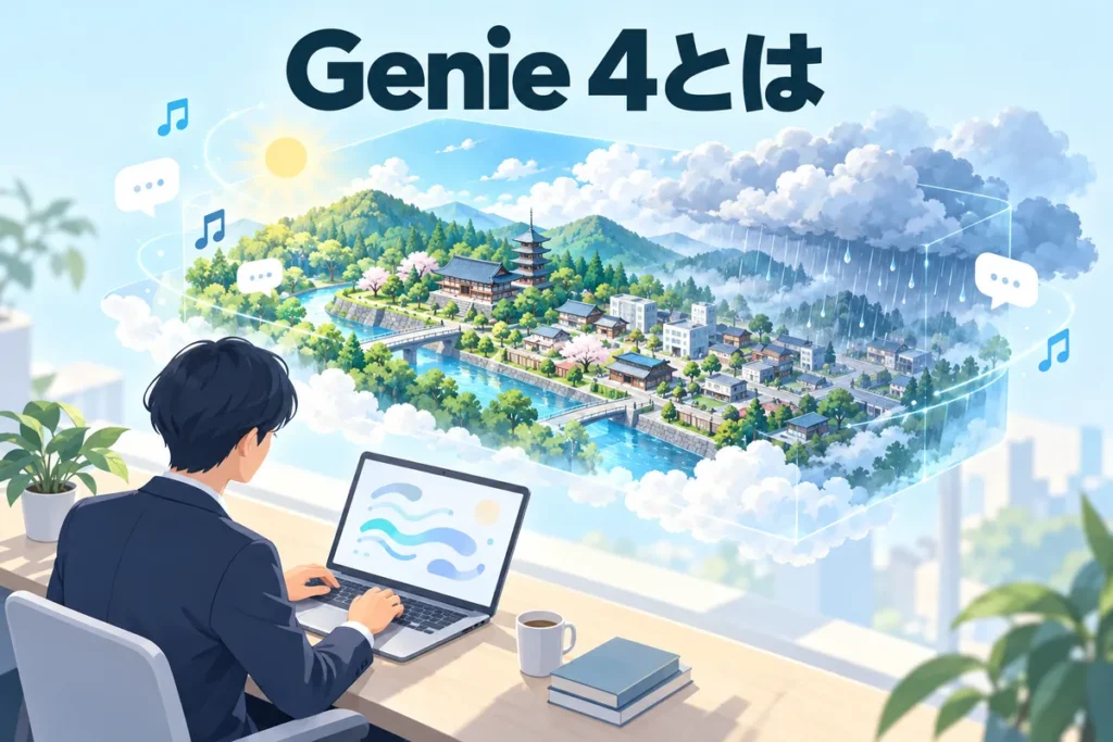 Genie 4とは:文章の指示で天気や場面が変わる仮想の世界をノートPCから操作するイメージ