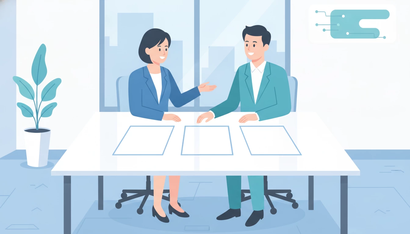 中小企業の担当者がSEO会社選びの基準を話し合う場面