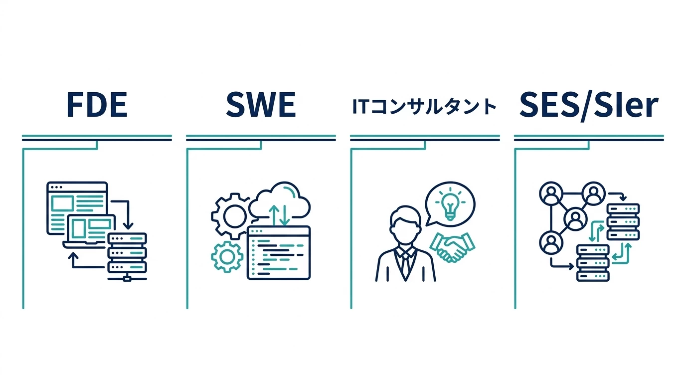 FDEとSWE・ITコンサル・SES/SIerの役割比較図