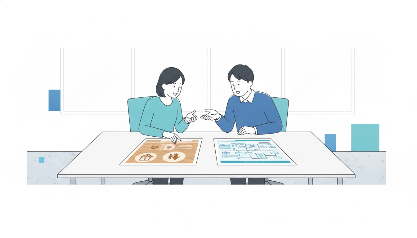 親しみやすい系・技術訴求系など工務店サイトの方向性を話し合うスタッフ