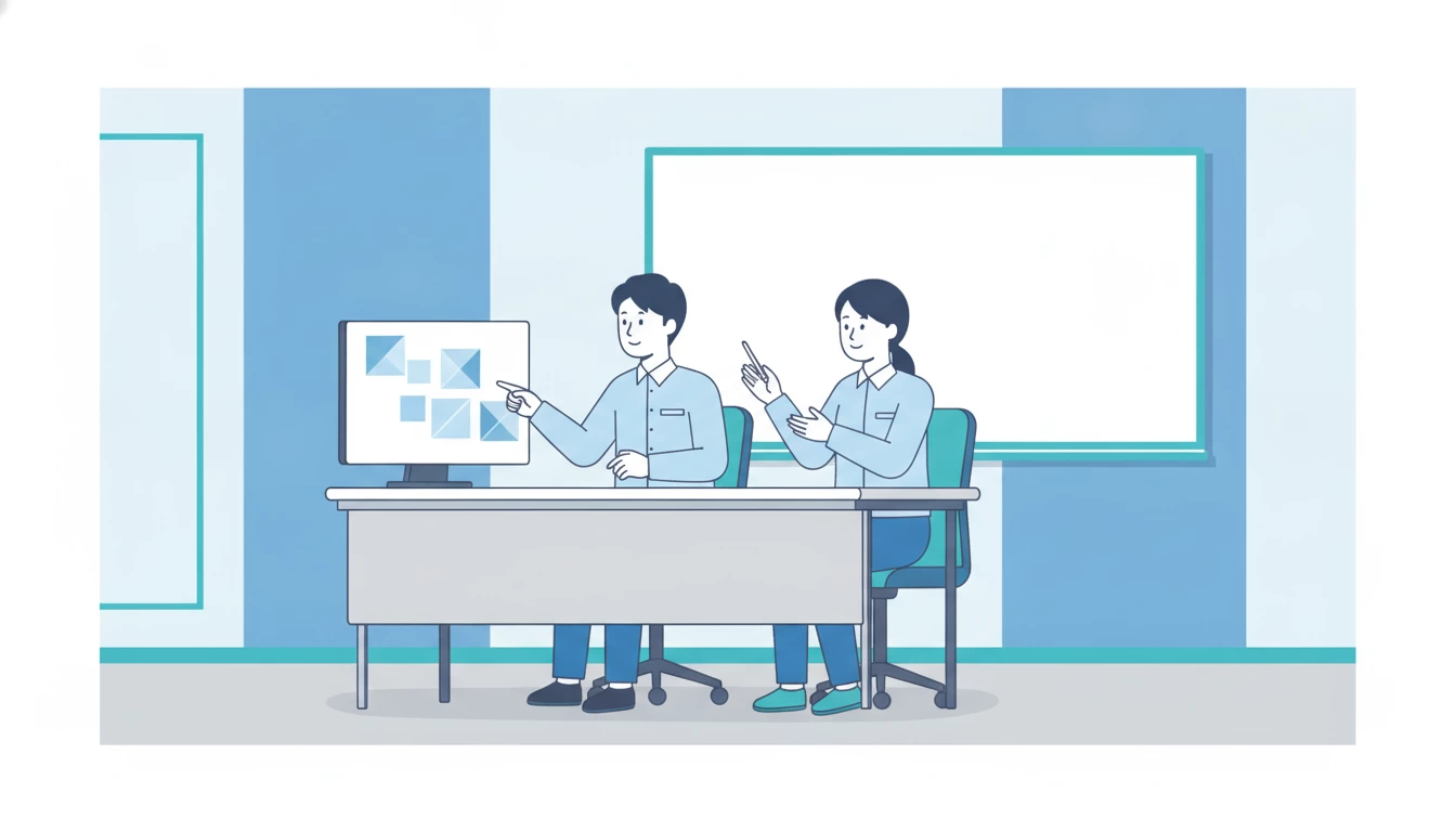 社内でAI運用ルールを話し合う担当者たち