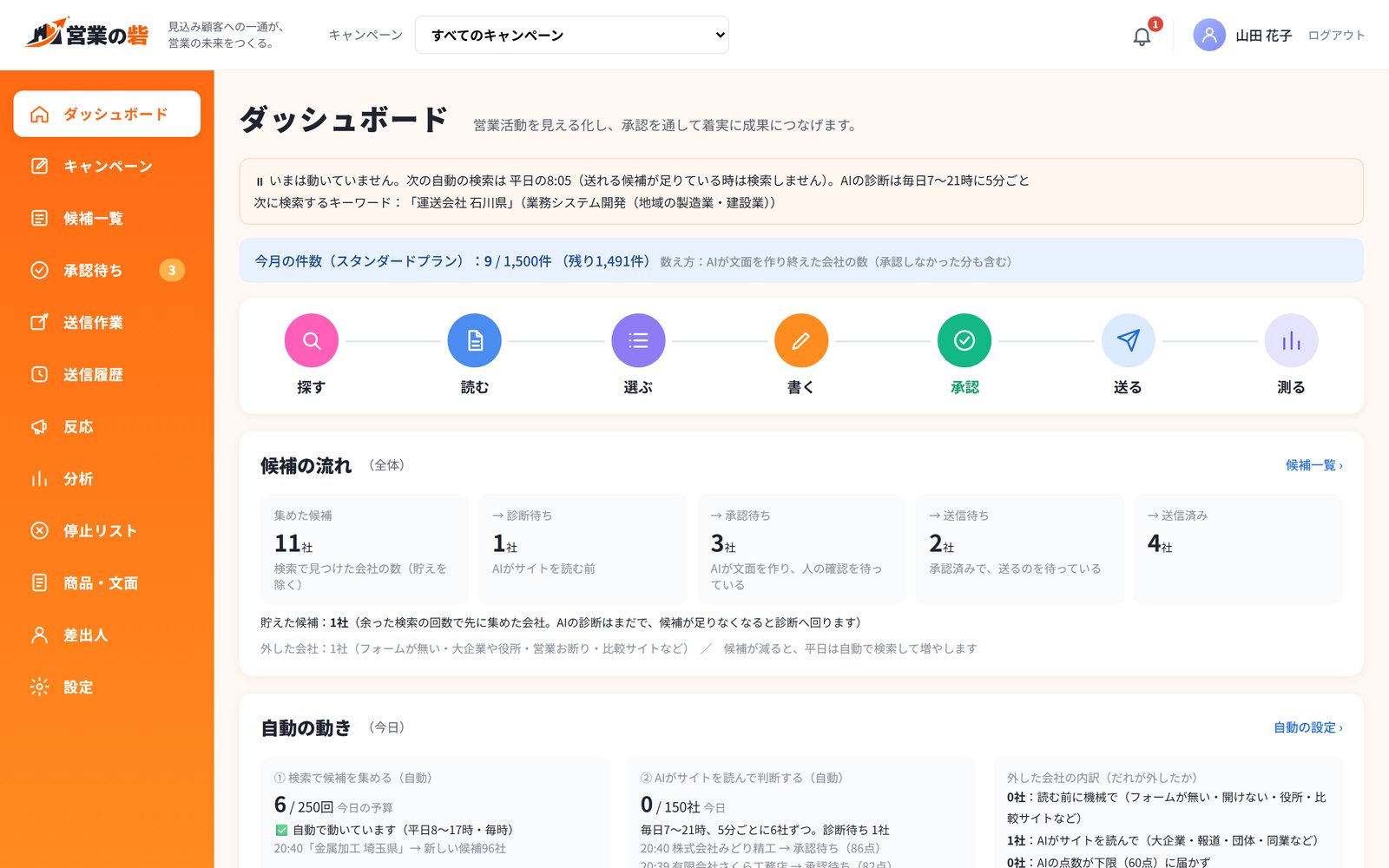 営業の砦のダッシュボード（候補の流れ・自動の動き・今月の件数）
