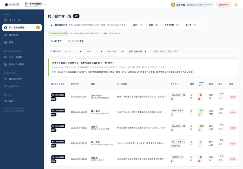 問い合わせ管理システムの管理画面