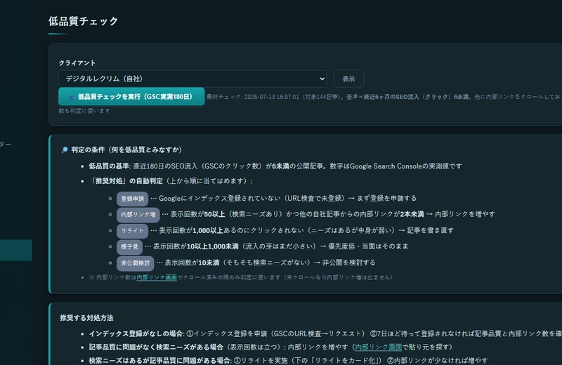 公開後の効果測定と重複検知の画面